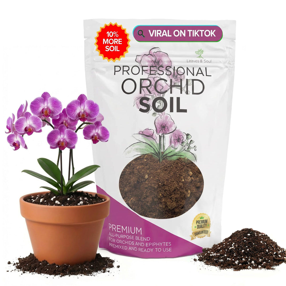 Leaves and Soul orchid soil mix bag front, ready-to-use formula for indoor orchids