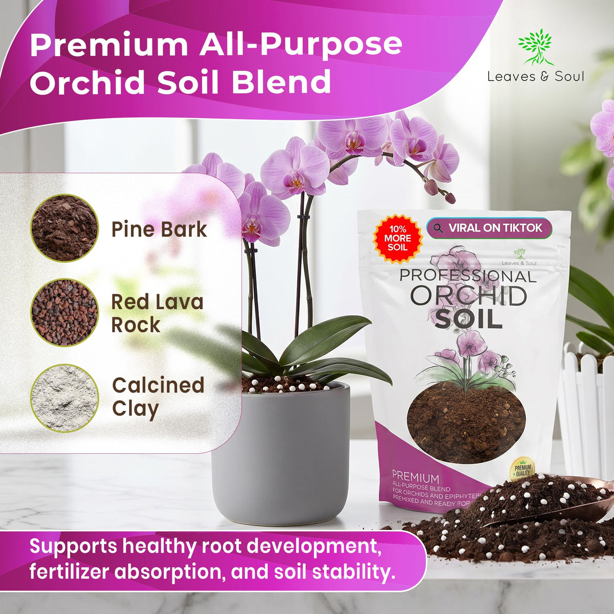 Leaves and Soul orchid soil mix ingredients closeup showing lava rock, calcined clay, pinebark