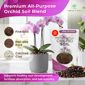 Leaves and Soul orchid soil mix ingredients closeup showing lava rock, calcined clay, pinebark