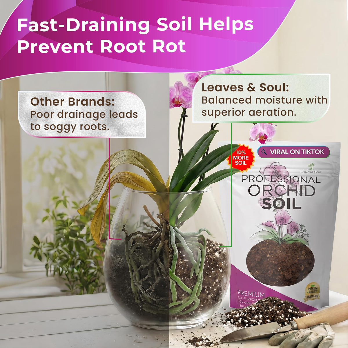 Leaves and Soul orchid soil mix pinebark texture highlighting aeration