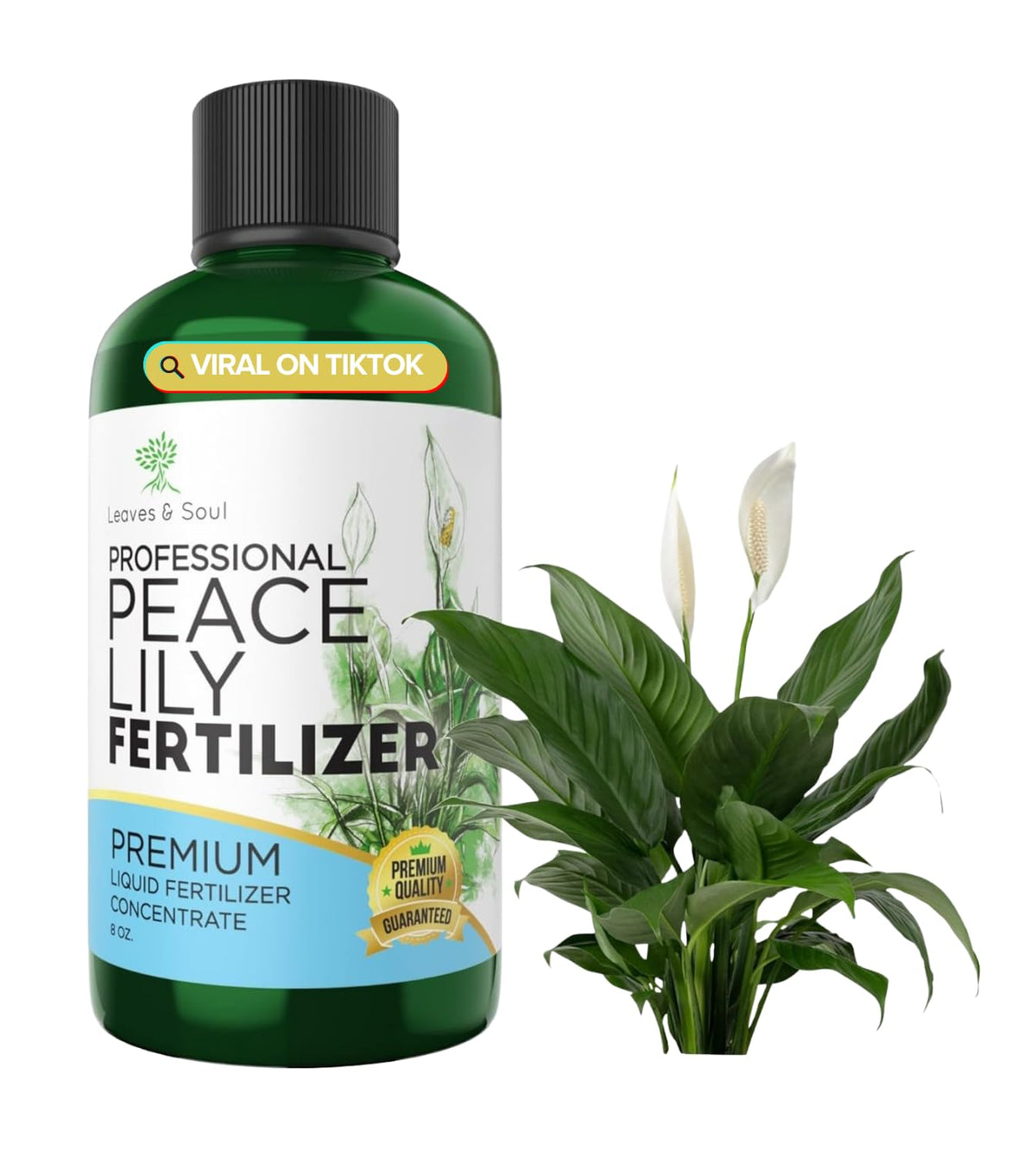 Leaves and Soul peace lily fertilizer bottle pour delivers quick root nourishment for healthy growth.