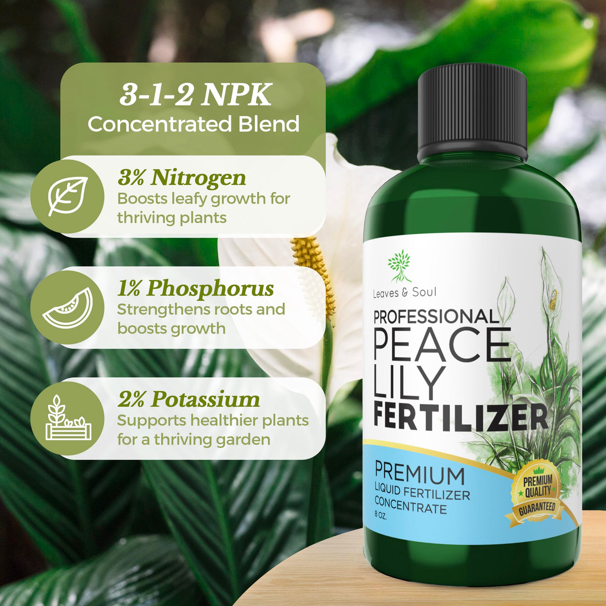 Leaves and Soul peace lily fertilizer label closeup highlights balanced 3-1-2 formula.