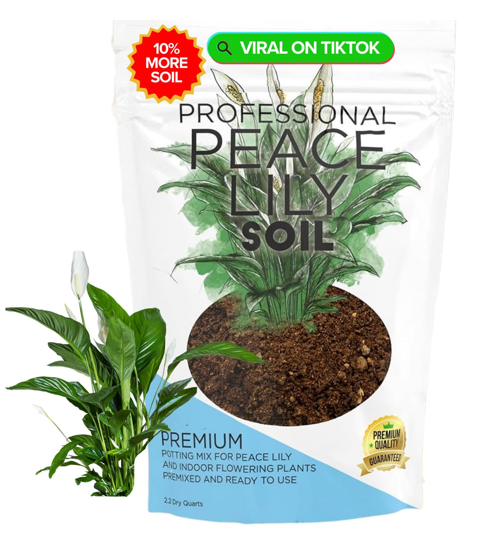 Leaves and Soul Peace Lily soil bag front, ready-to-use blend for thriving indoor blooms.