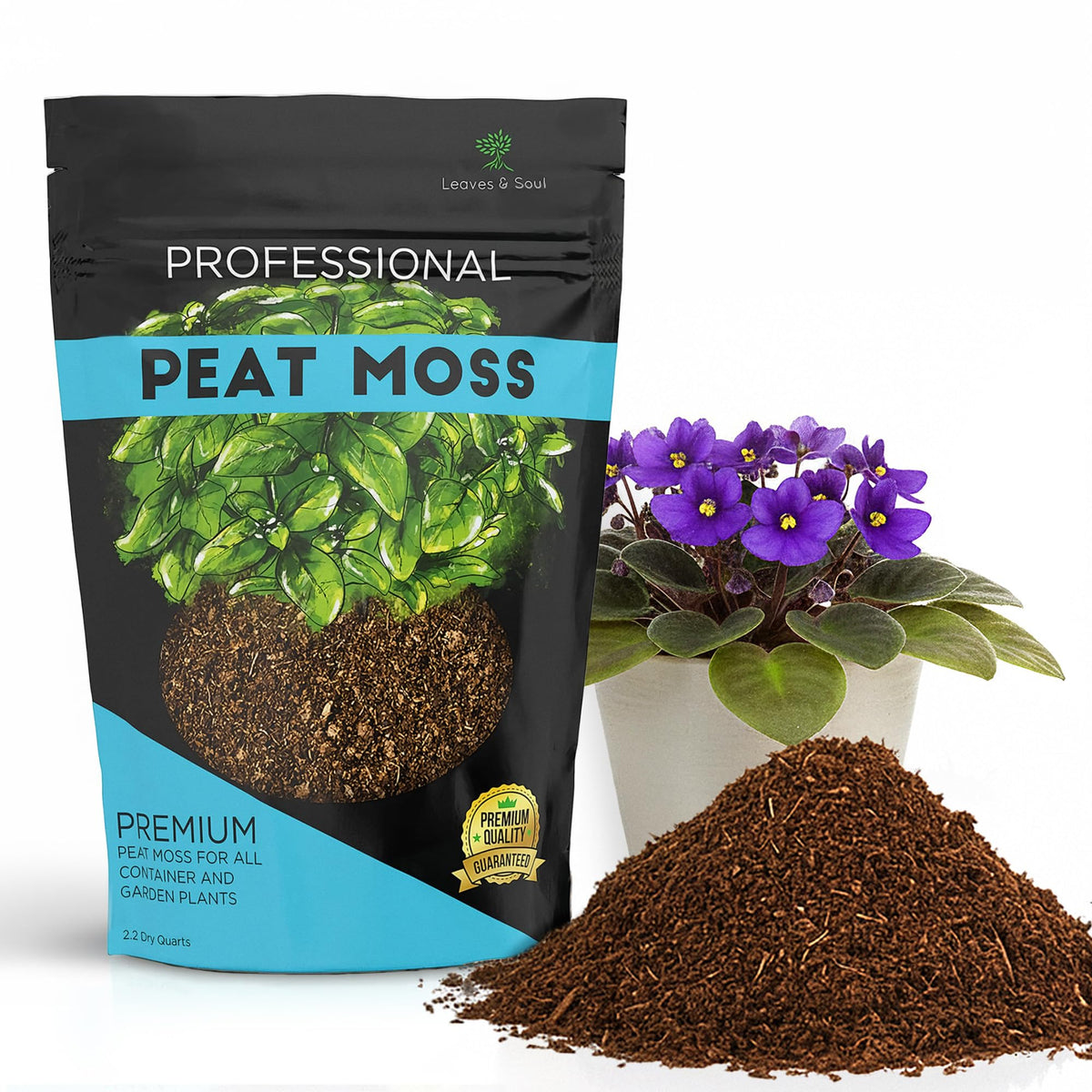 Leaves and Soul peat moss bag front highlighting lightweight soil amendment for better drainage.