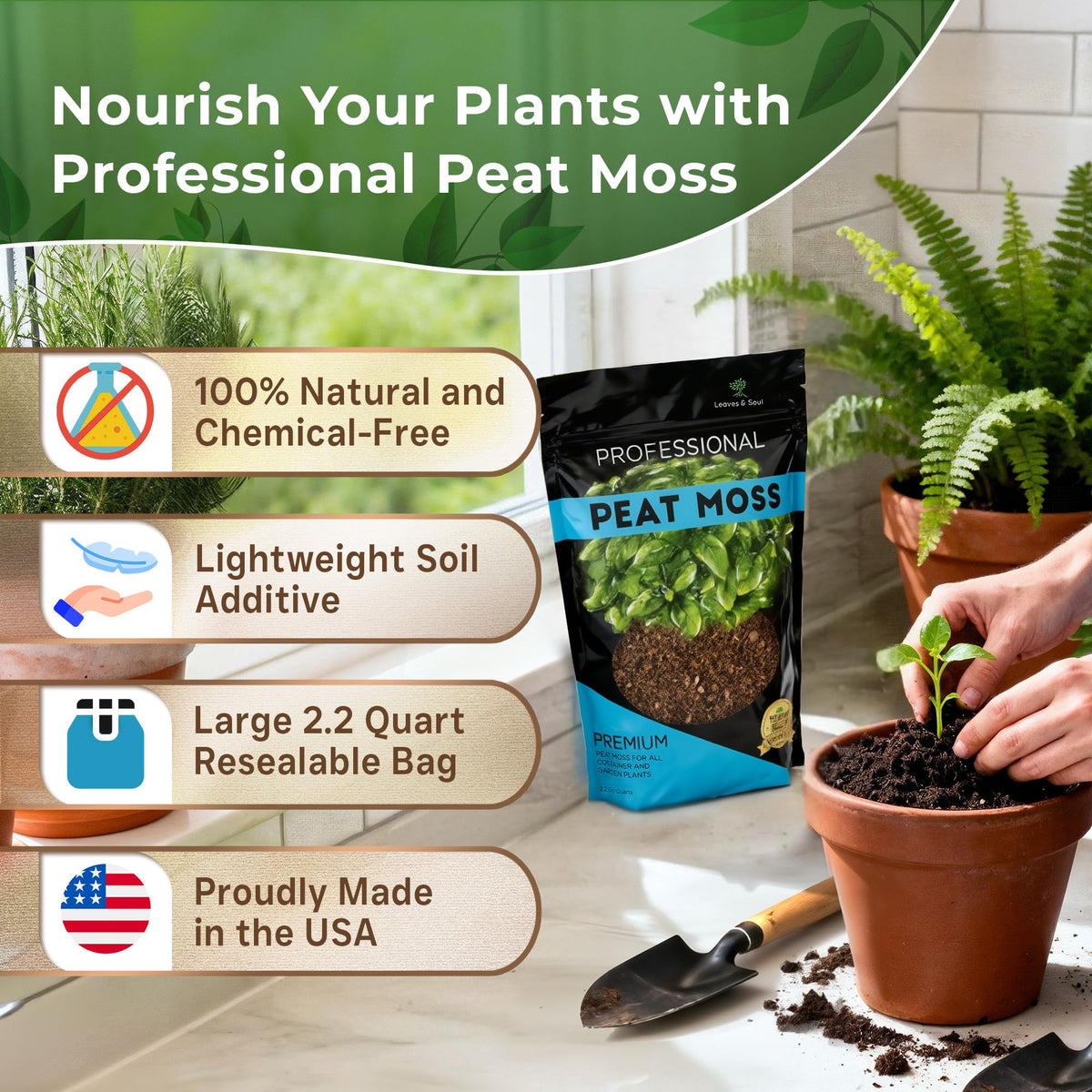 Leaves and Soul peat moss bag sealed, ready for long-term storage and fresh odor-free use.