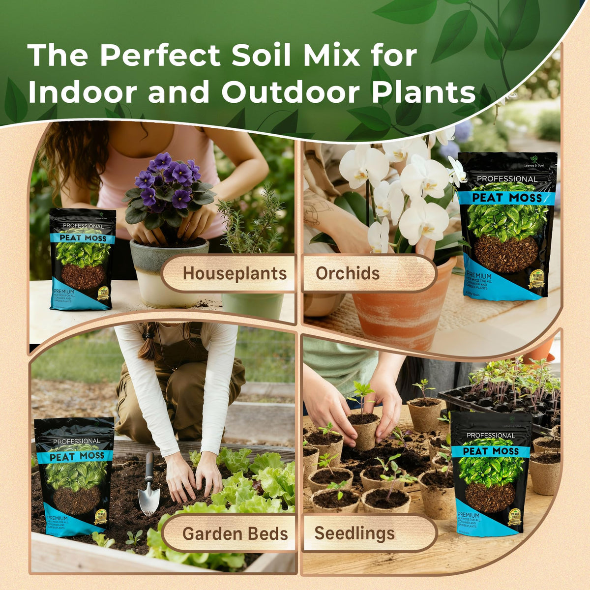 Leaves and Soul peat moss outdoor-bed application highlights versatile use in garden beds and raised beds.