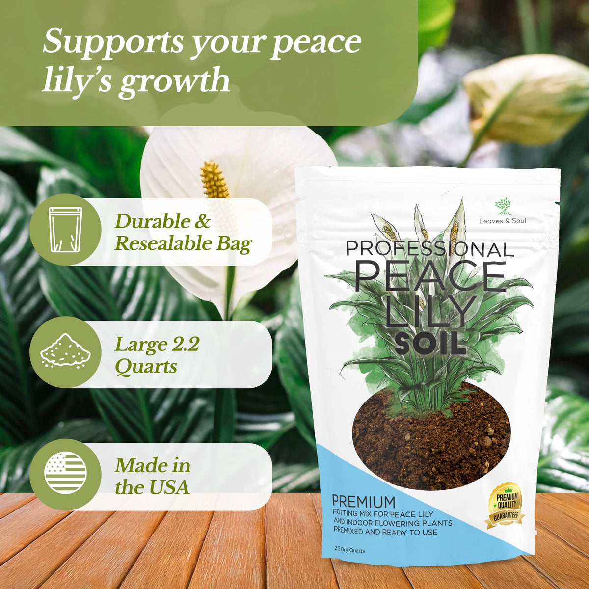 Leaves and Soul potting soil mix ingredients closeup, rich nutrients support robust root growth.