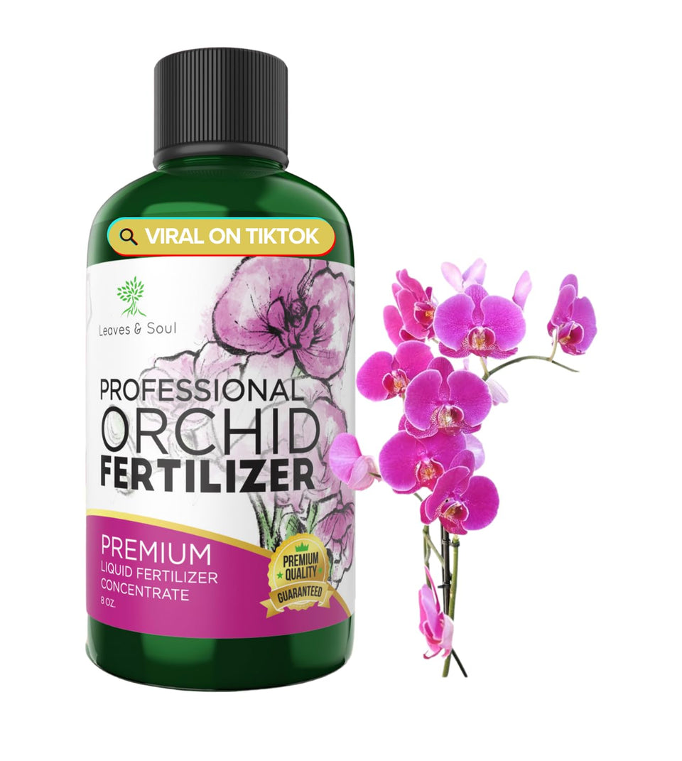 Leaves and Soul professional liquid orchid fertilizer bottle promoting strong roots and vibrant blooms.