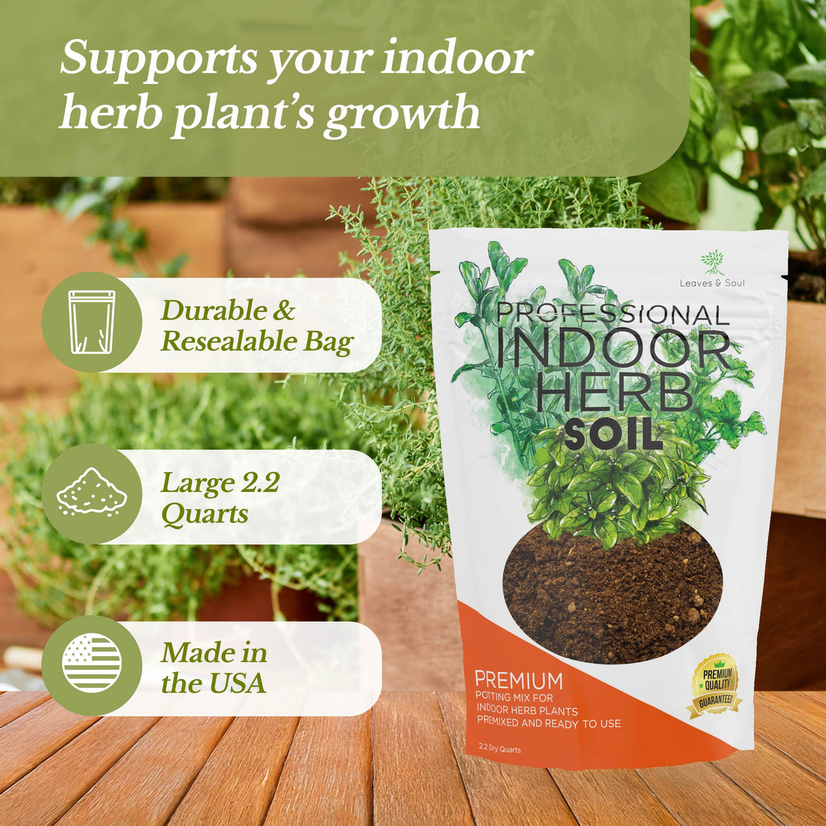 Leaves and Soul soil mix close-up with perlite, improving drainage and root health.