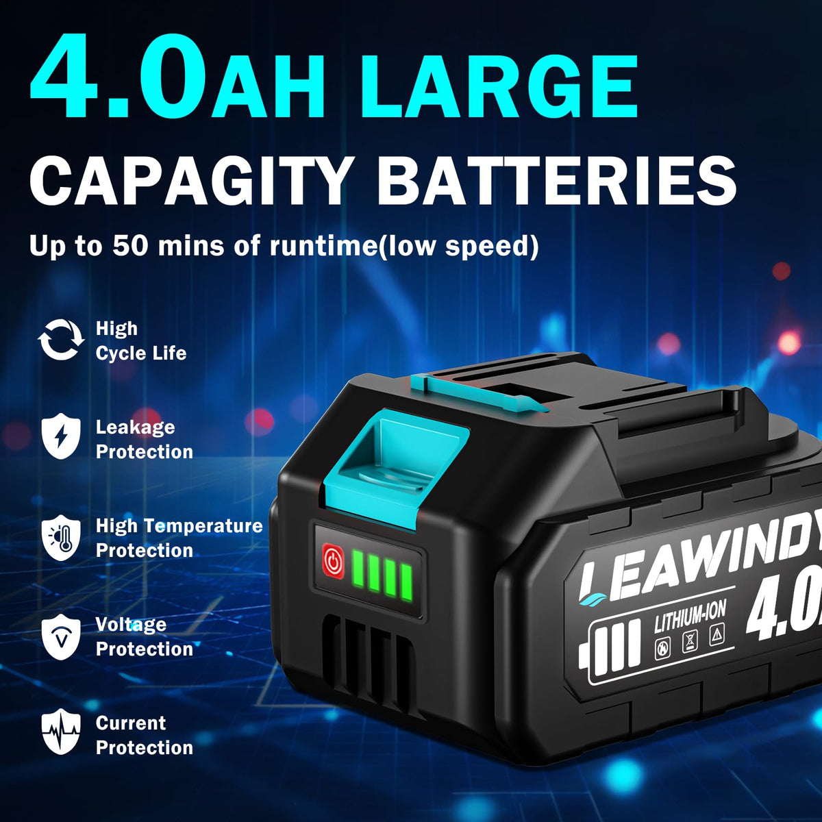 LEAWINDY battery-pack-21v-4000mah powers cordless operation with reliable runtime.