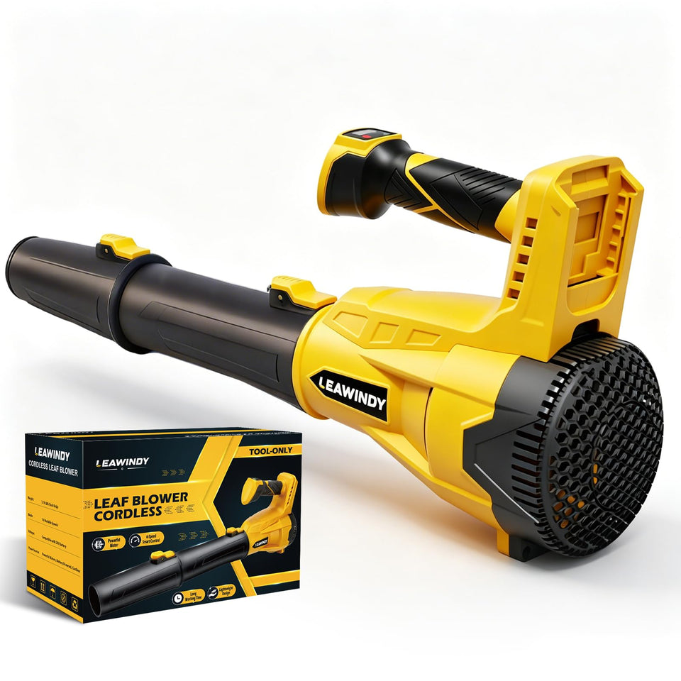 LEAWINDY cordless leaf blower showing DEWALT compatibility for convenient power reuse