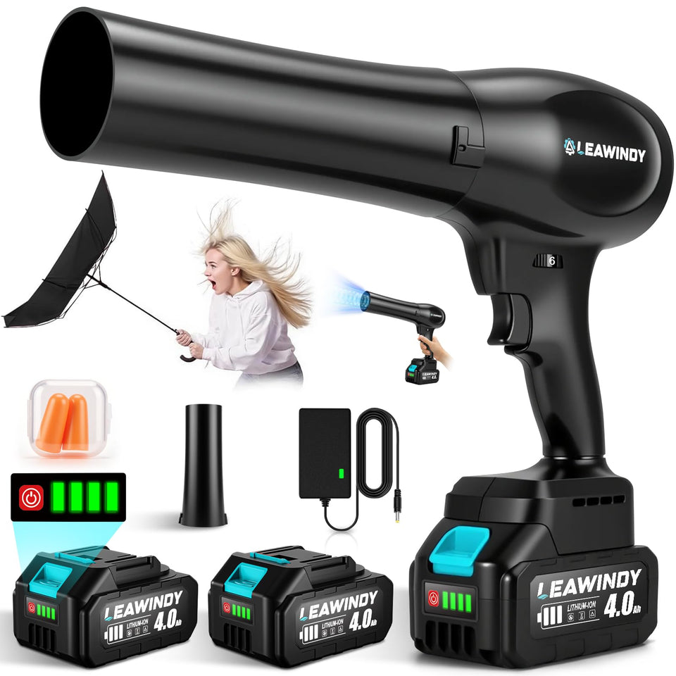 LEAWINDY cordless leaf blower extended-nozzle reaches tight spaces like under decks.