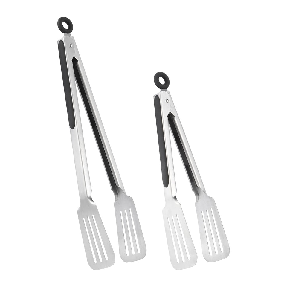 Lebabo metal tongs 9-inch head close-up for precise flipping.