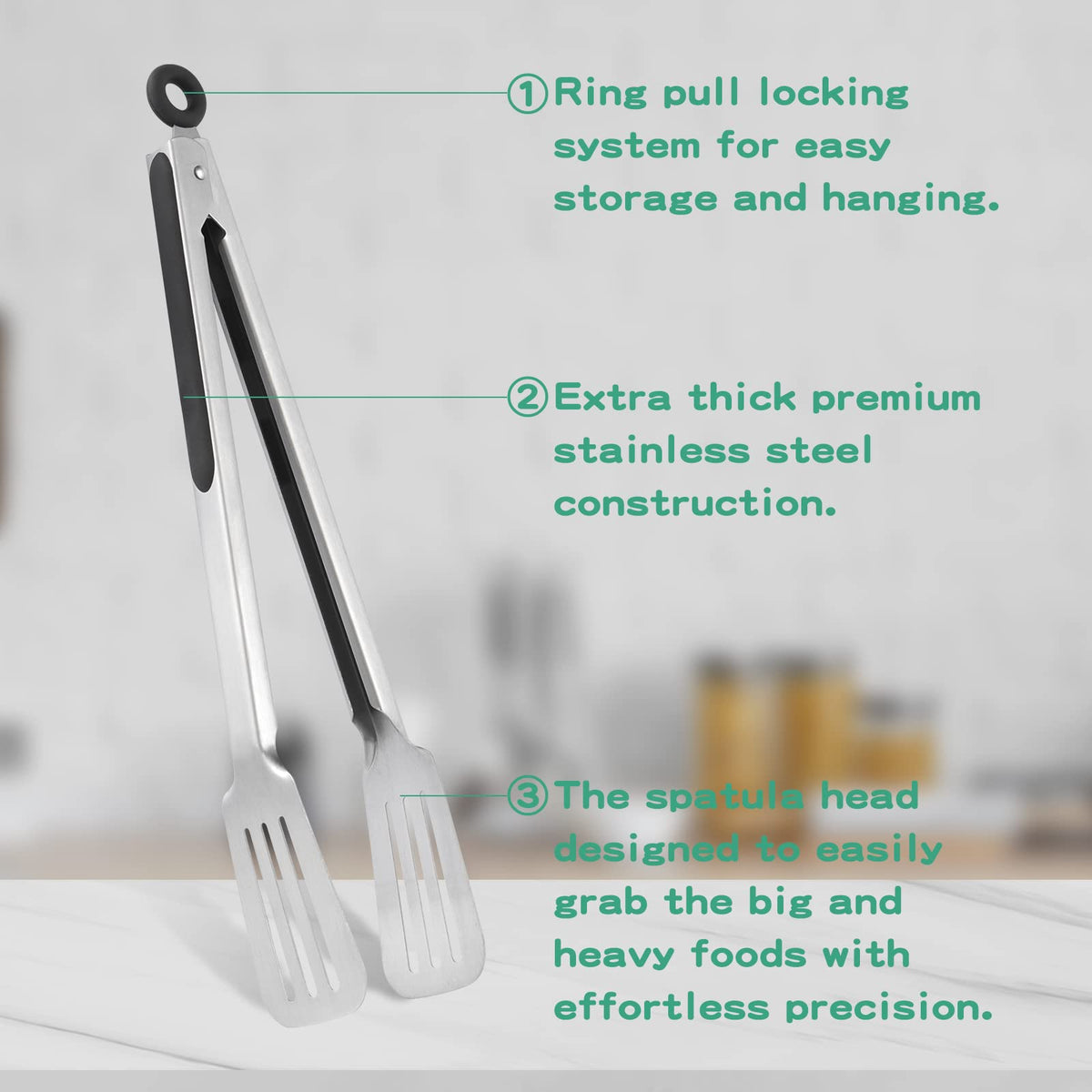 Lebabo metal tongs rust-resistant stainless steel construction.