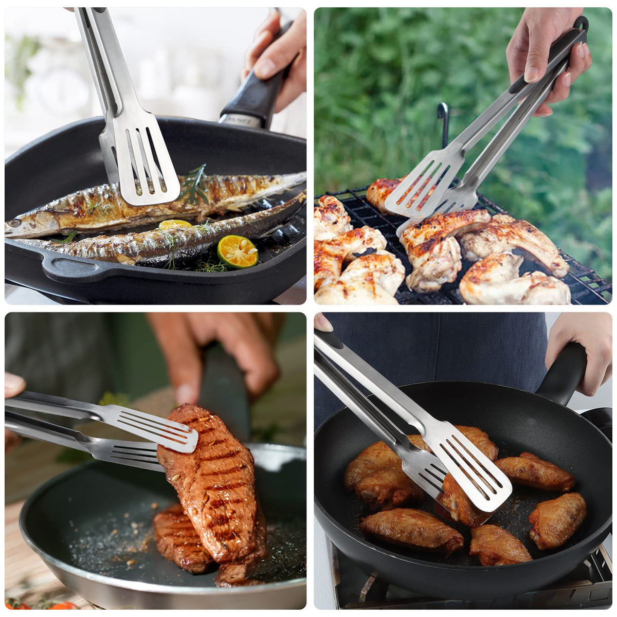 Lebabo metal tongs flipping burgers on a hot grill.