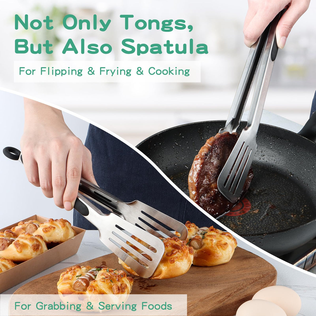 Lebabo metal tongs slotted head grips large foods with ease.
