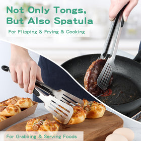 Lebabo metal tongs slotted head grips large foods with ease.