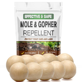 LEBMP mole repellent granules bag shown for easy lawn treatment to deter burrowing pests.