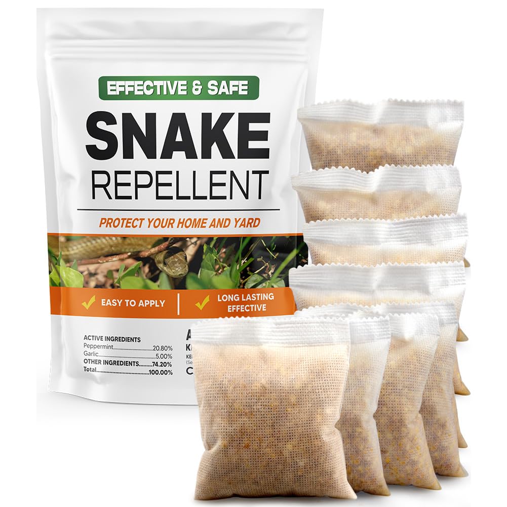 LEBMP snake repellent pouch closeup showing plant-based protection for yards.