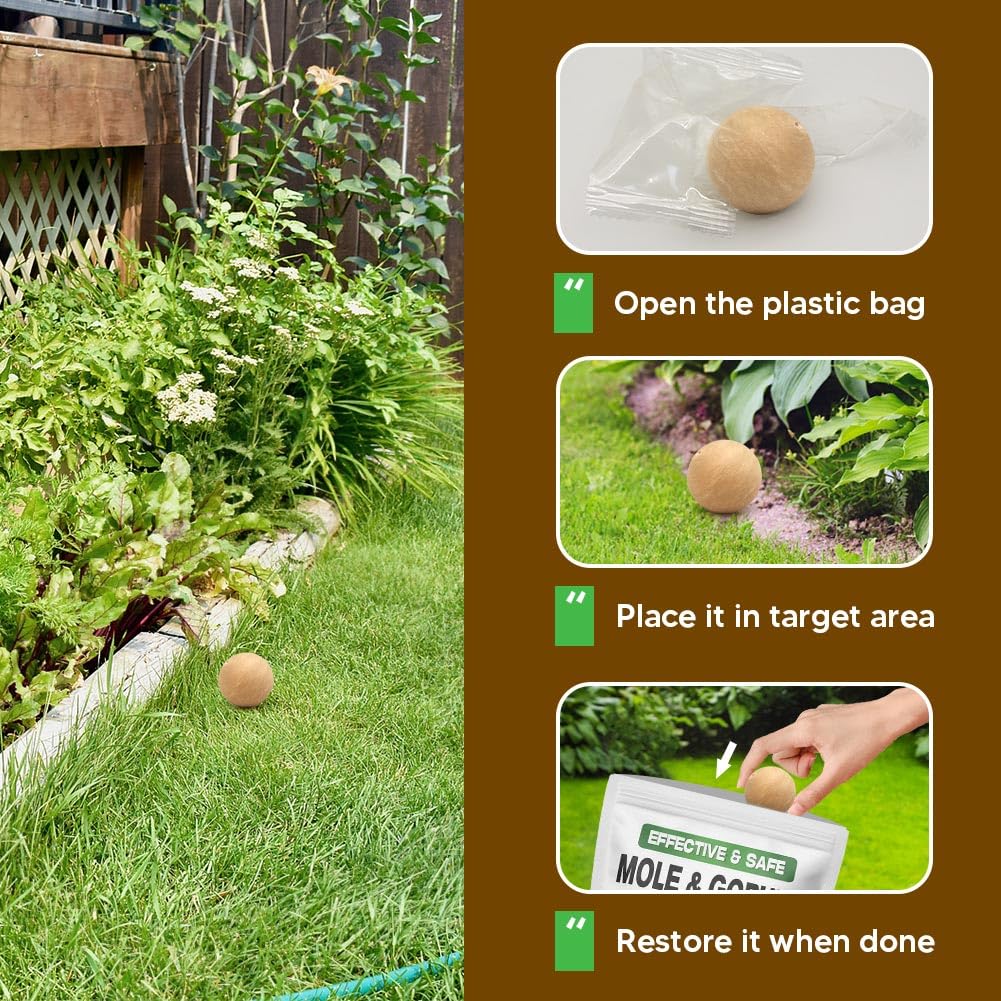 LEBMP yard protection application illustrating area-ready granules shielding up to 120 sq ft.