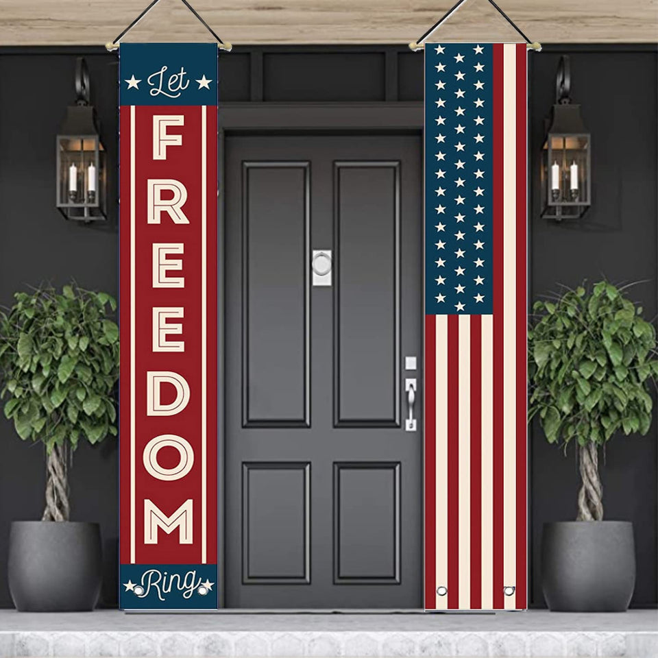LeChamp USA Flag banner for front porch decor with bold colors that endure outdoor use.