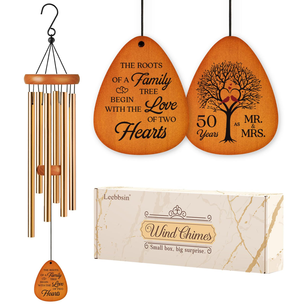 Leebbsin 50th Anniversary Wind Chime with golden tubes for timeless celebrations