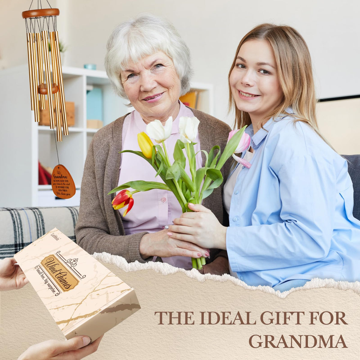 Leebbsin grandma wind chime outdoors at sunset, adds soothing ambience to your garden.