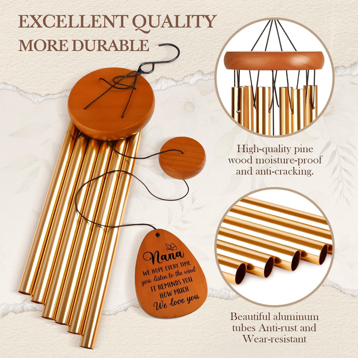 Leebbsin Nana wind chime is weatherproof for year round use.
