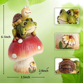 Leekung mushroom garden statue with turtle and frog; hand-painted charm for porch or yard.