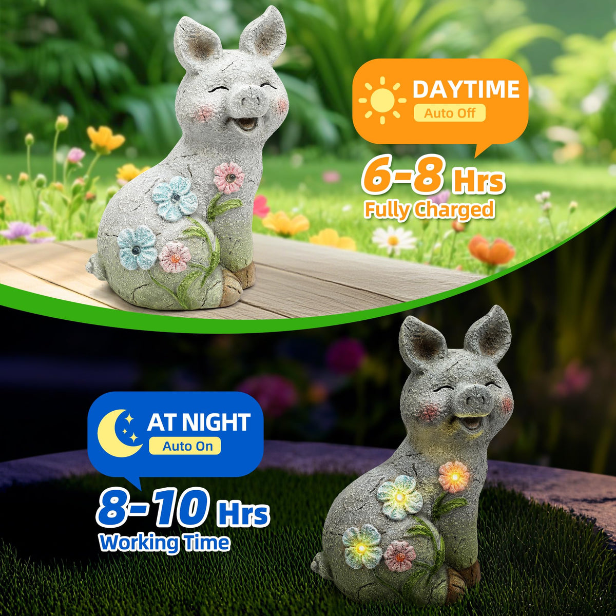 Leekung solar pig statue lights at night for cozy garden ambiance.