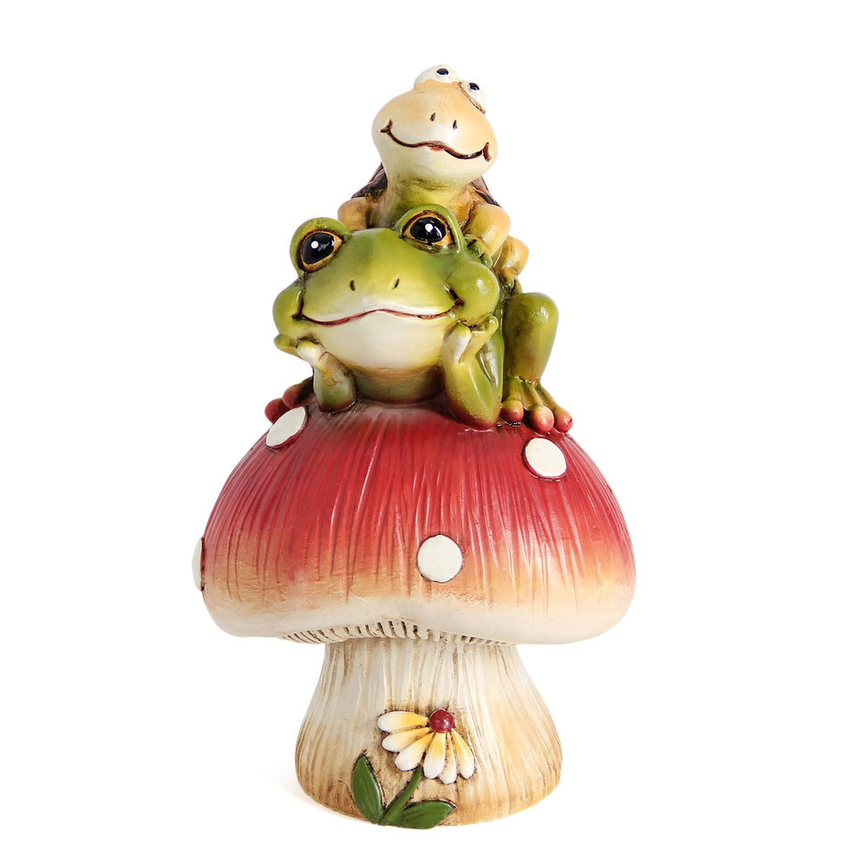 Leekung turtle riding frog on mushroom garden statue for outdoor decor; creates a whimsical focal point.