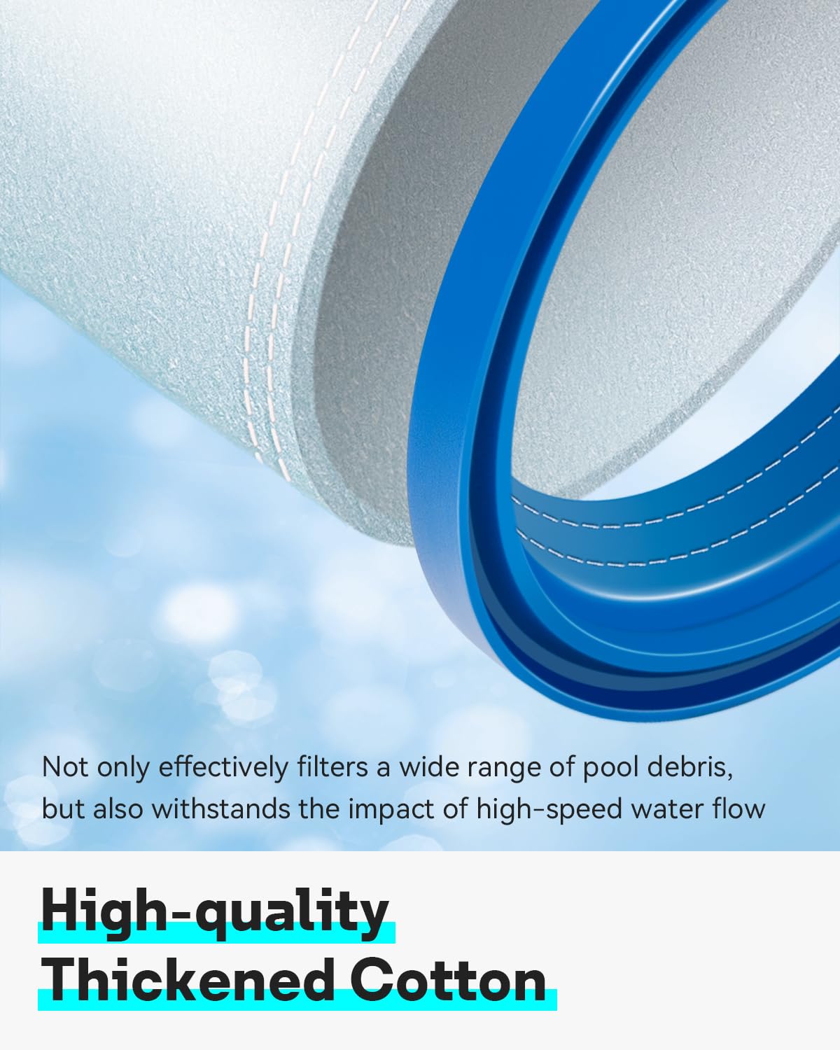 Five thread joint strengthens the bag during high flow pool cleaning