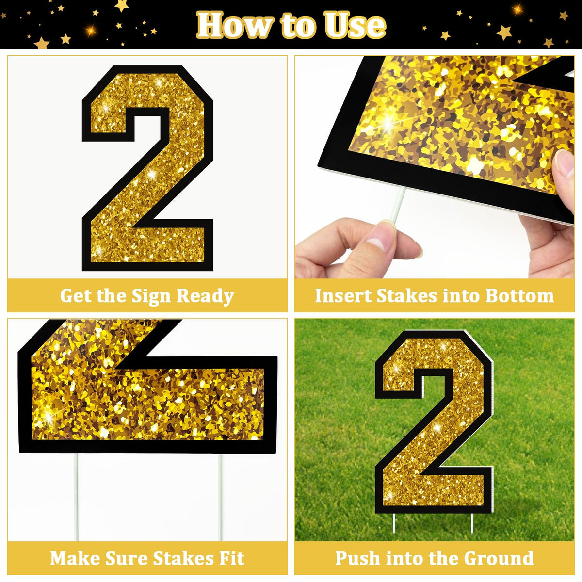 Leetous black and gold graduation signs create an elegant party vibe