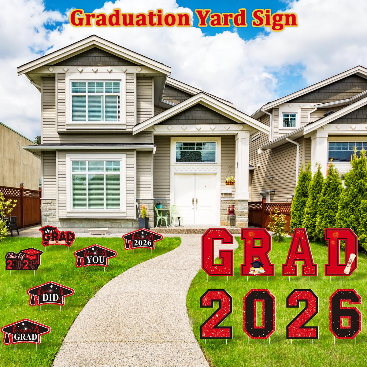 Leetous GRAD and 2026 signs on lawn for graduation photos.