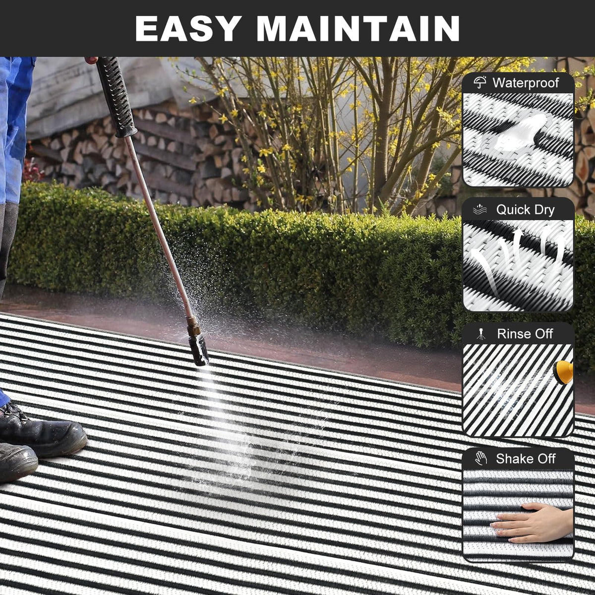 LEEVAN black and white striped rug, reversible for versatile outdoor styling.