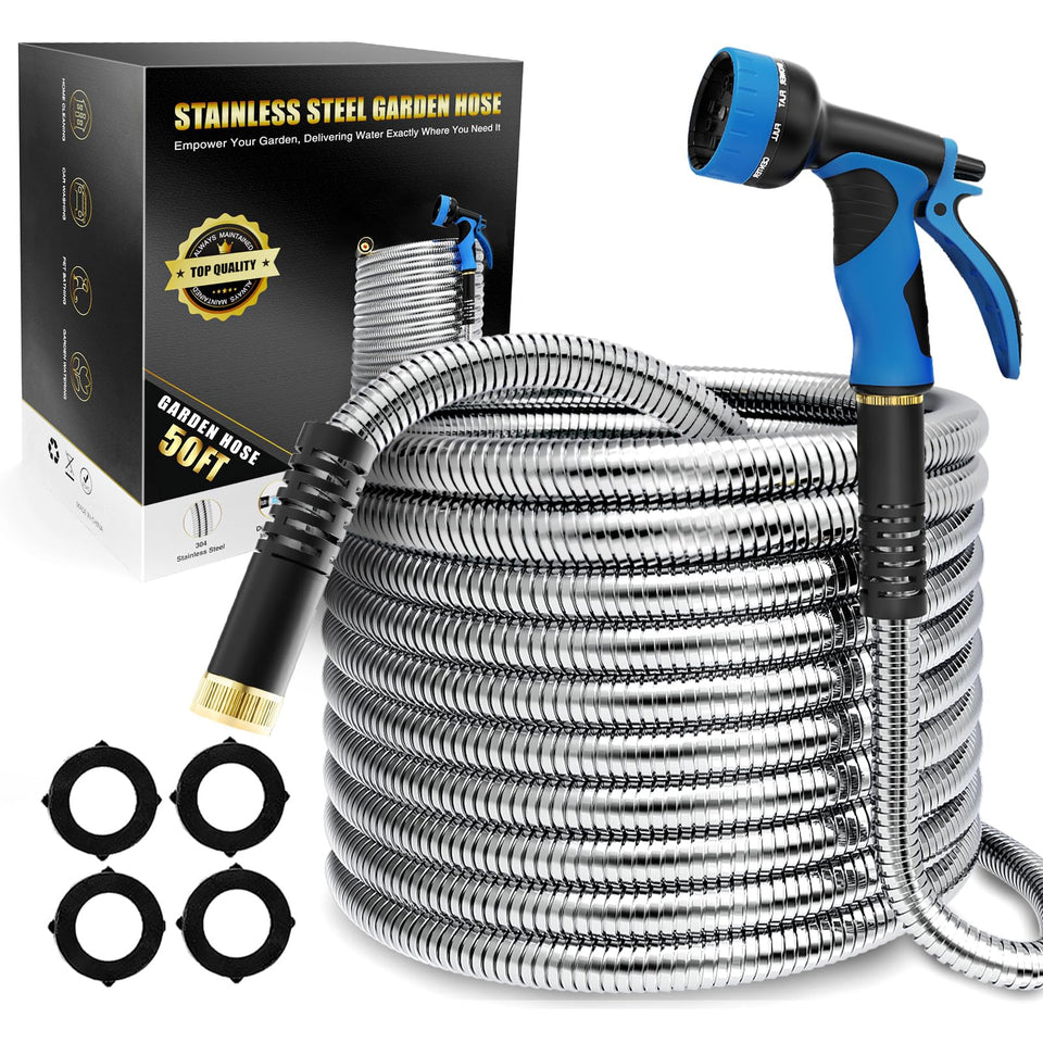 Lefree 50ft metal garden hose in steel shell for durable outdoor watering