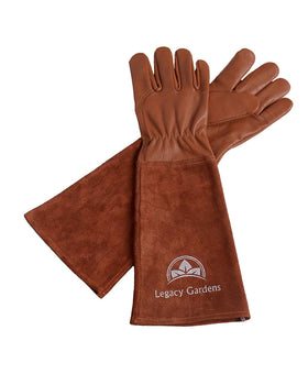 Legacy Gardens leather gardening gloves for rose pruning with protection and precise grip.