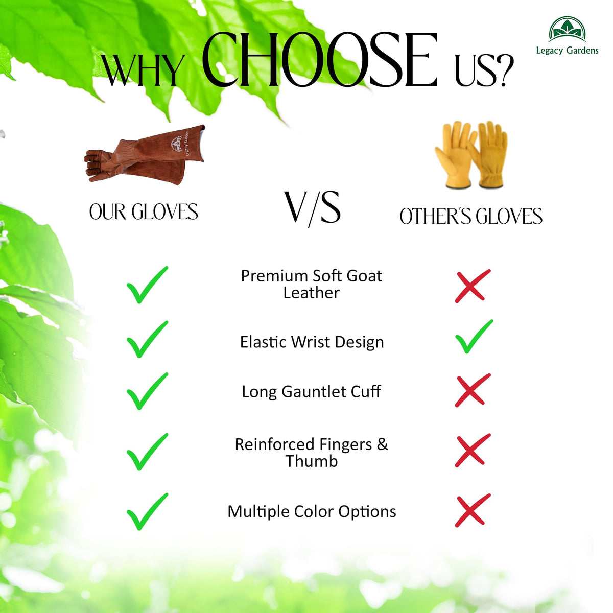 Legacy Gardens leather gloves breathable soft leather for all-day gardening comfort.
