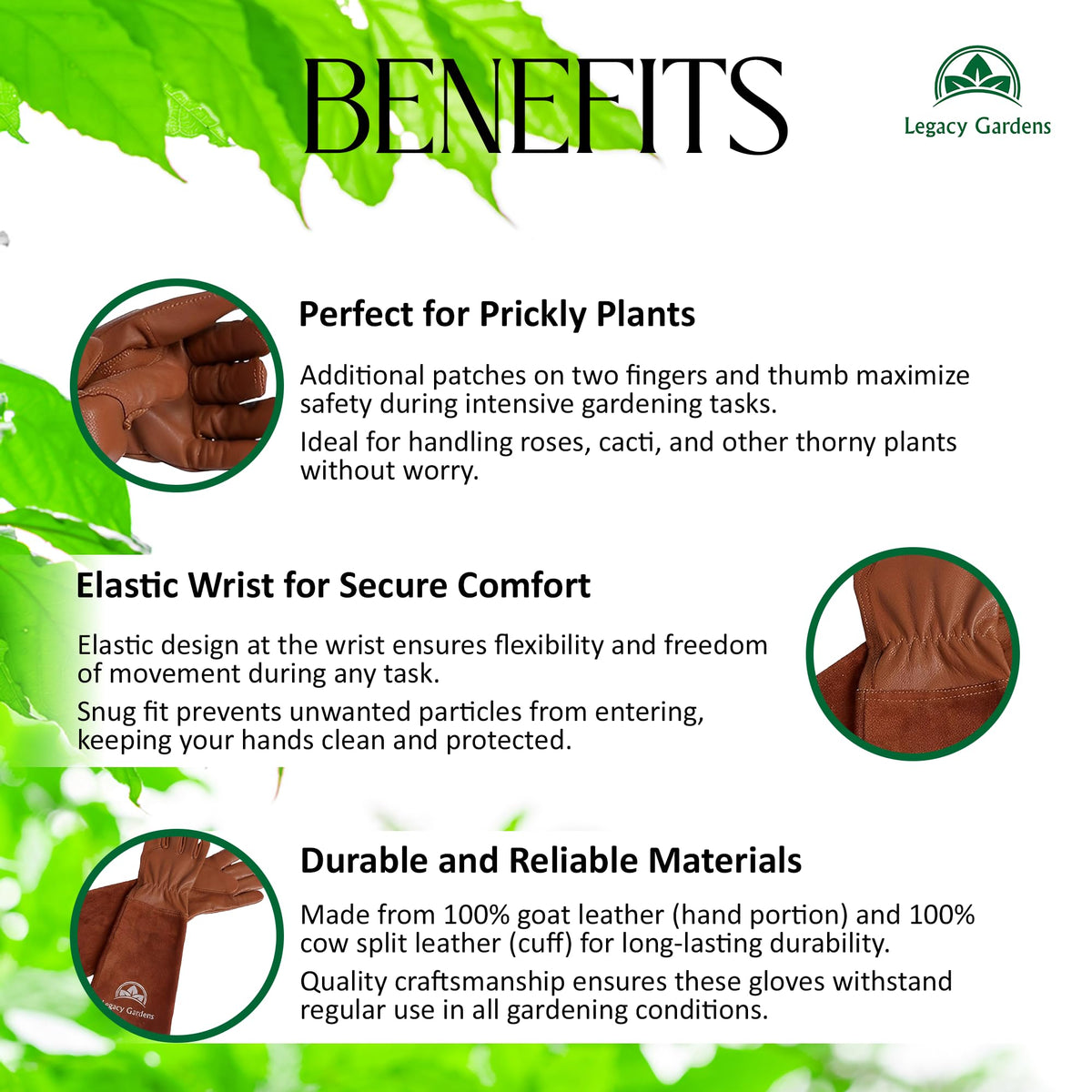 Legacy Gardens thorn-resistant gauntlet gloves shield hands from sharp branches during pruning.