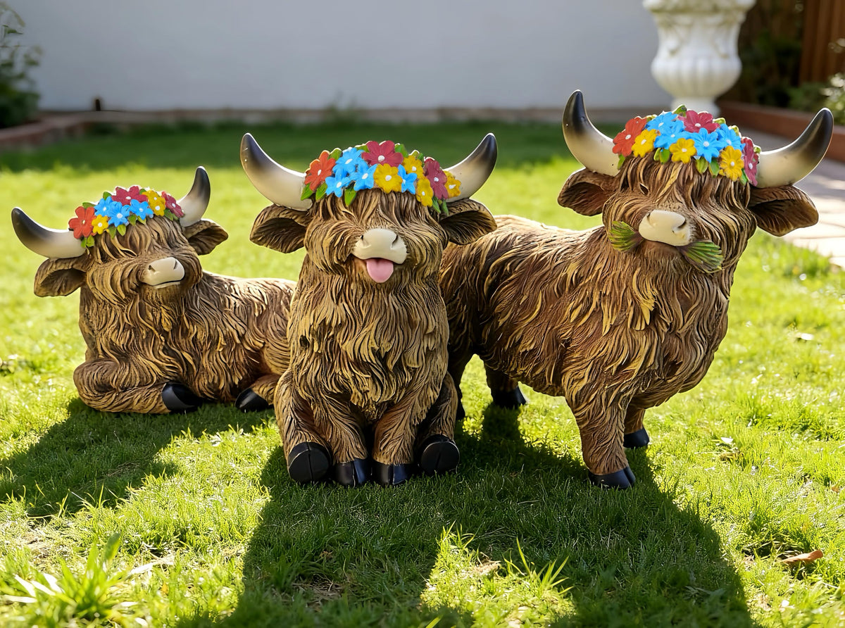 LEGIFO Highland Cow Papa figure sits in a sunlit garden, durable outdoor decor.