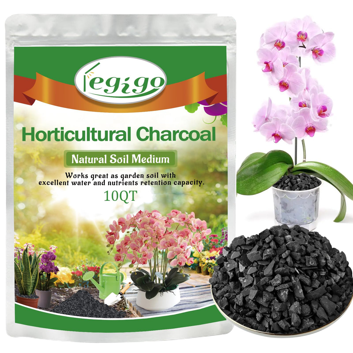 Legigo 10QT charcoal bag closeup showing natural hardwood charcoal for improved drainage and aeration.