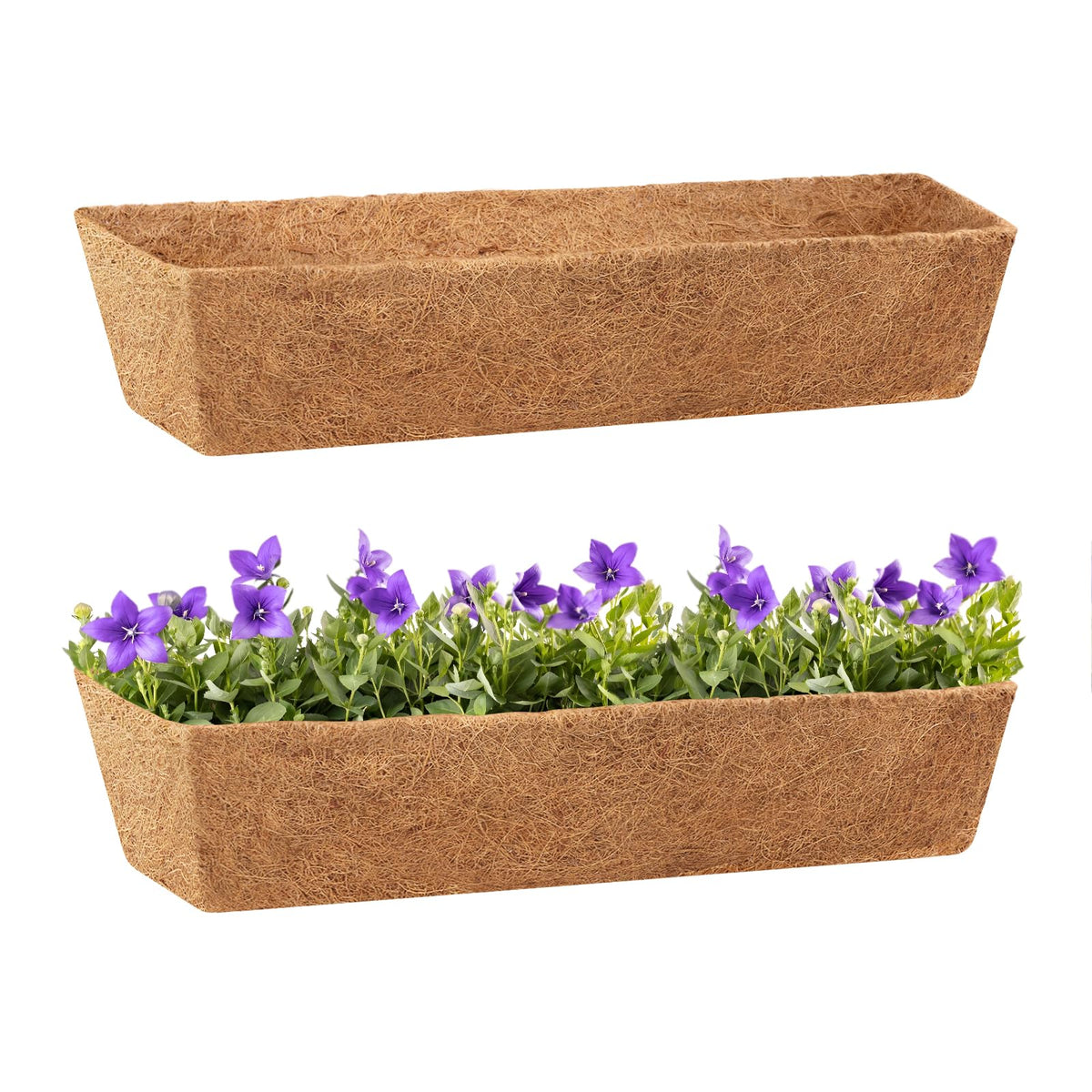 Legigo 2-pack square coco liner fitted to balcony railing planters with moist soil.