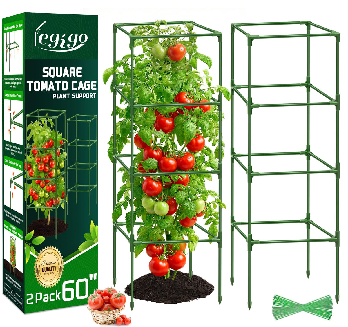 Legigo 2-pack square tomato cages provide stable support for climbing tomatoes.