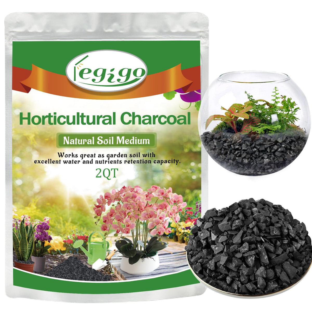 Legigo 2qt horticultural charcoal packaging for easy storage and soil amendment.