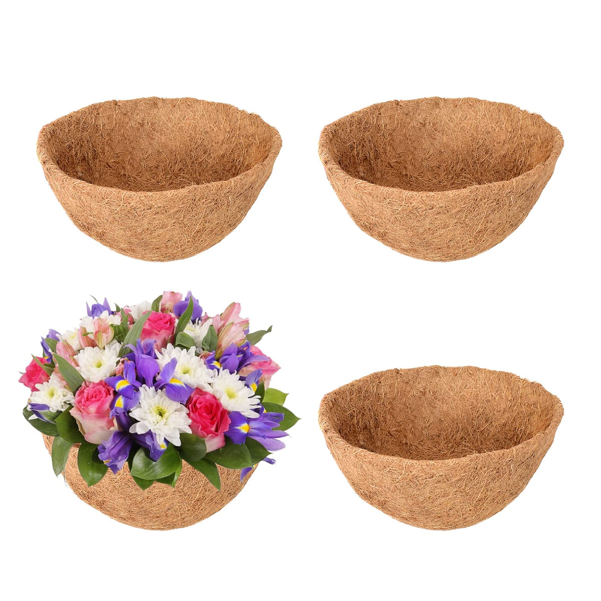 Legigo 4 pack round coco liner for hanging baskets, enhances airflow and moisture management.