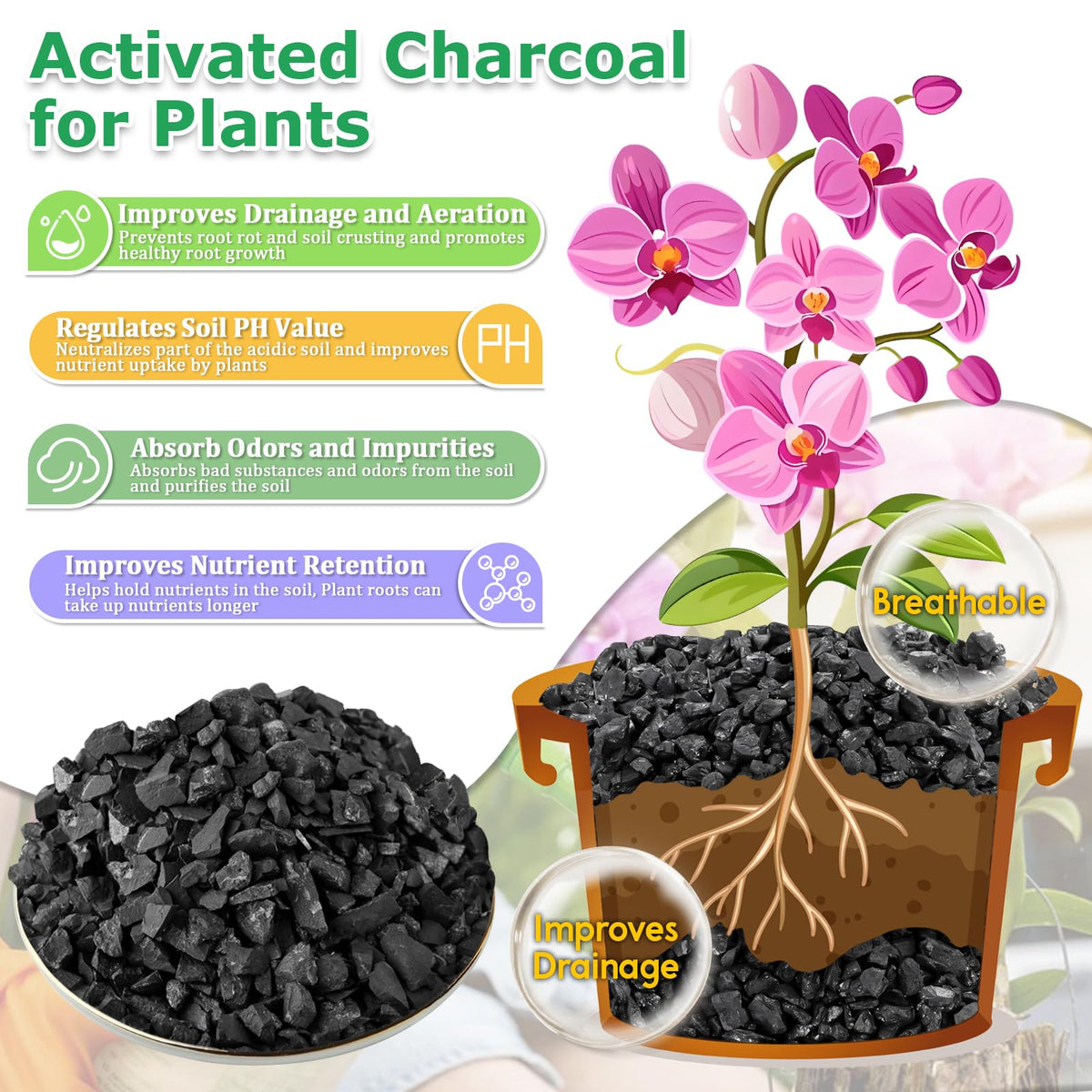 Legigo 6QT charcoal mixed into soil for lighter, well draining substrate