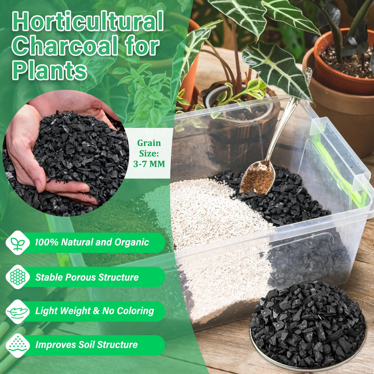 Legigo charcoal being poured into a planter to improve soil structure