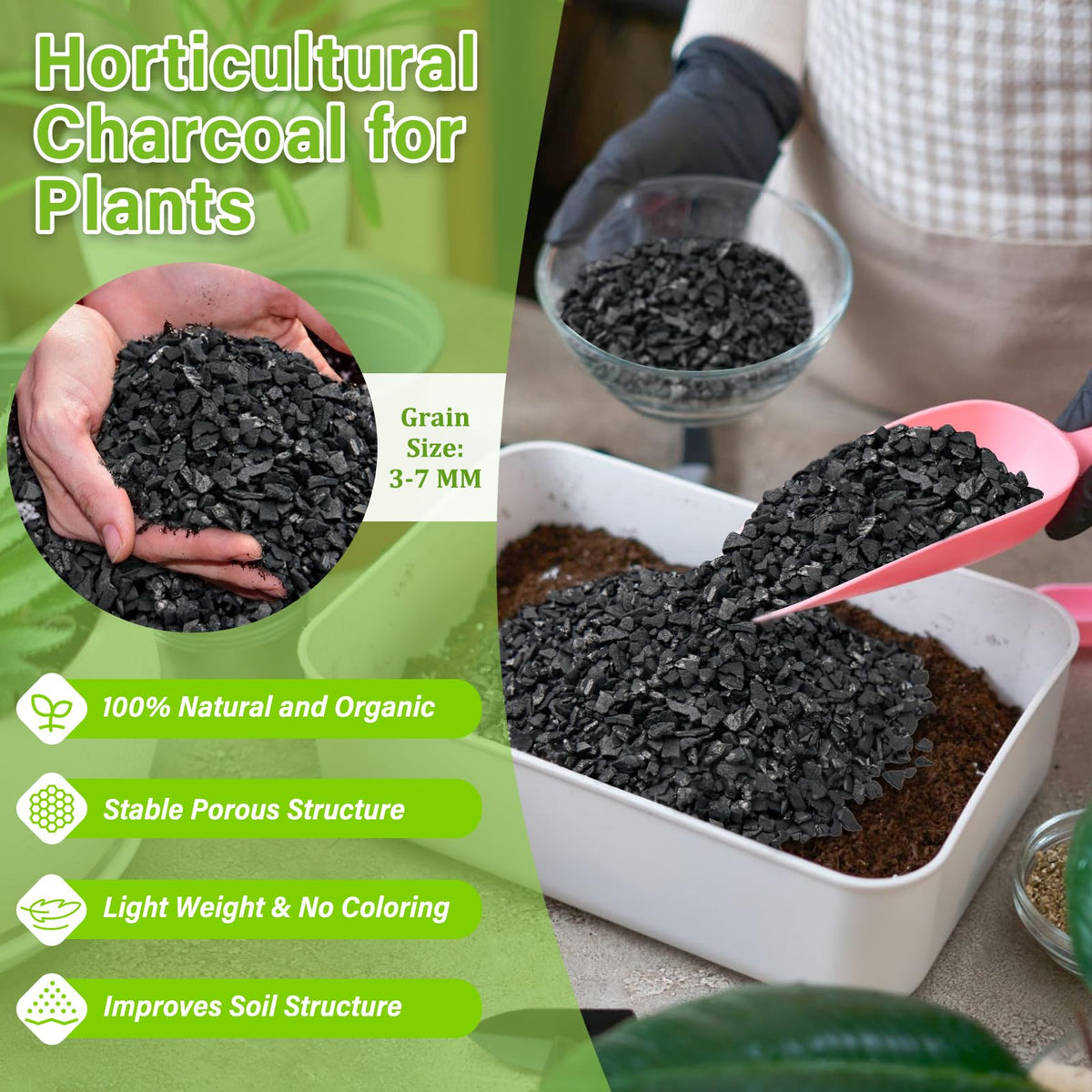Legigo 8QT horticultural-charcoal-drainage-enhanced improves soil texture and prevents compaction.