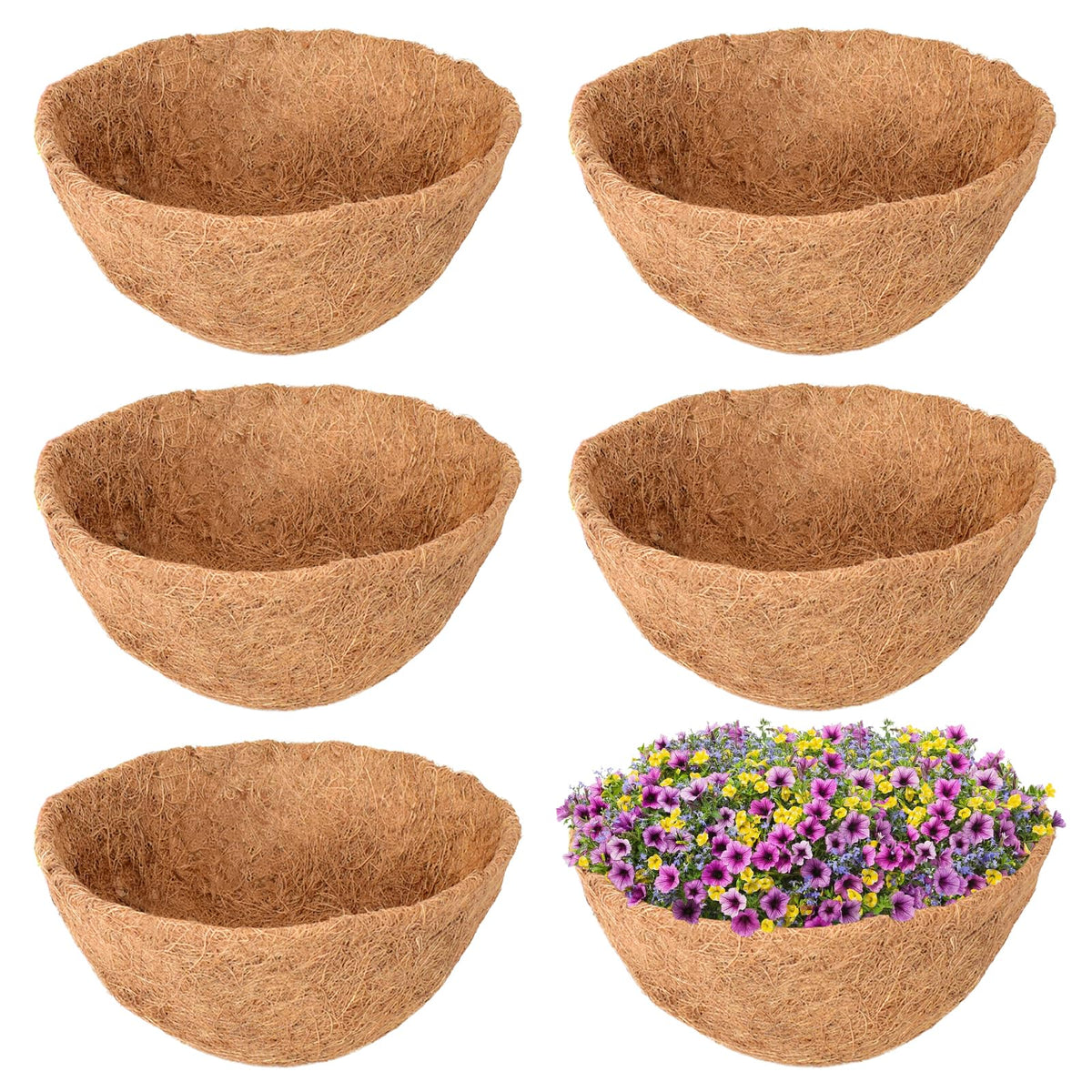 Legigo 16-inch round coco liner in a hanging basket, promotes airflow for plant roots