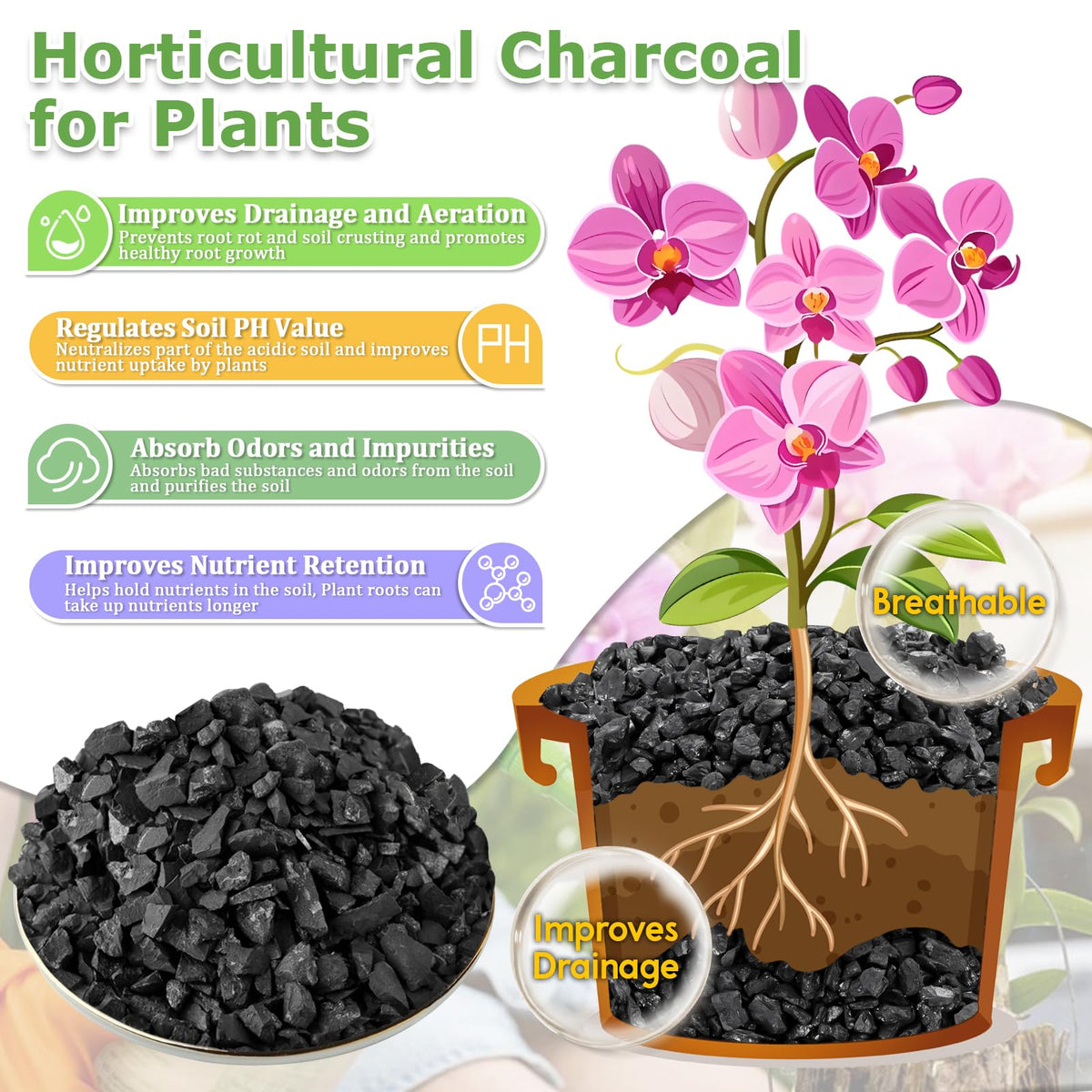 Legigo charcoal root health substrate supports healthy root growth and aerated potting mix.
